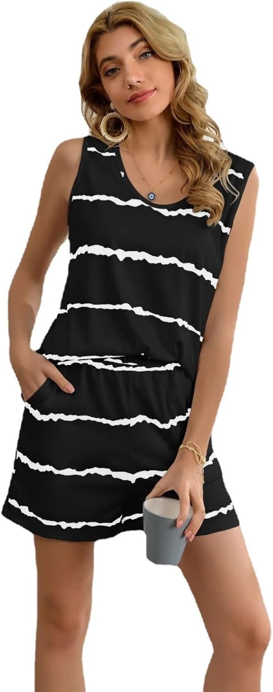 Women's Pajama Set Tank Striped Shorts Sleepwear Loungewear Nightwear Sleeveless Round Neck Top Beachwear