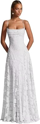 Floral Lace Bridesmaid Dresses for Women Spaghetti Straps Prom Gown Spring Cowl Neck Long Simple Wedding Dress