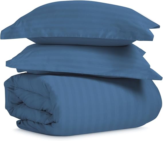 Pizuna Cotton Full Duvet Cover Set 300 Thread Count Stripe Blue | Luxury 100% Long Staple Combed Cotton Sateen Weave Full Quilt Cover Set with Hidden Button Closure