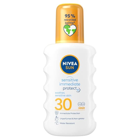 Nivea Sun NIVEA Sensitive Immediate Protect Spray Lotion 200 ml (6.76 fl oz) Lightweight Soothing Body Spray Lotion, Fast Absorbing, Non-Greasy Finish, Easy Application Spray Daily Outdoor Use