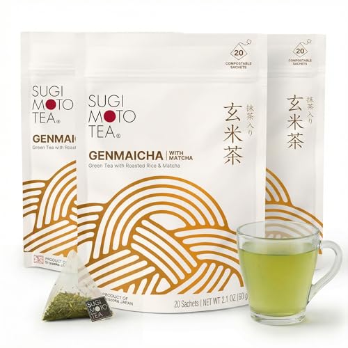 SUGIMOTO TEA Japanese Genmaicha with Matcha Green Tea Bags 20 Count Pack of 3