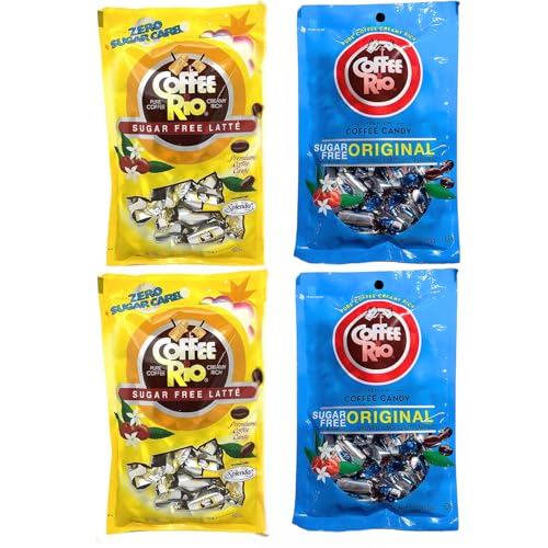 Coffee Rio Sugar Free Latte and Original Coffee Candy, Variety Pack of 4 3 oz Each - Individually Wrapped Sugar Free Hard Candies Blended wFresh Dairy Cream - Kosher Certified Zero Sugar Candies