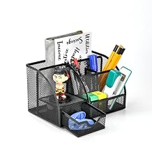 Desk Organizer Stationery Storage, Pencil Holder for Desk, Wire Mesh Office Supplies Journals Notebooks Organizers with 7 Compartments and Mini Drawer (Black)