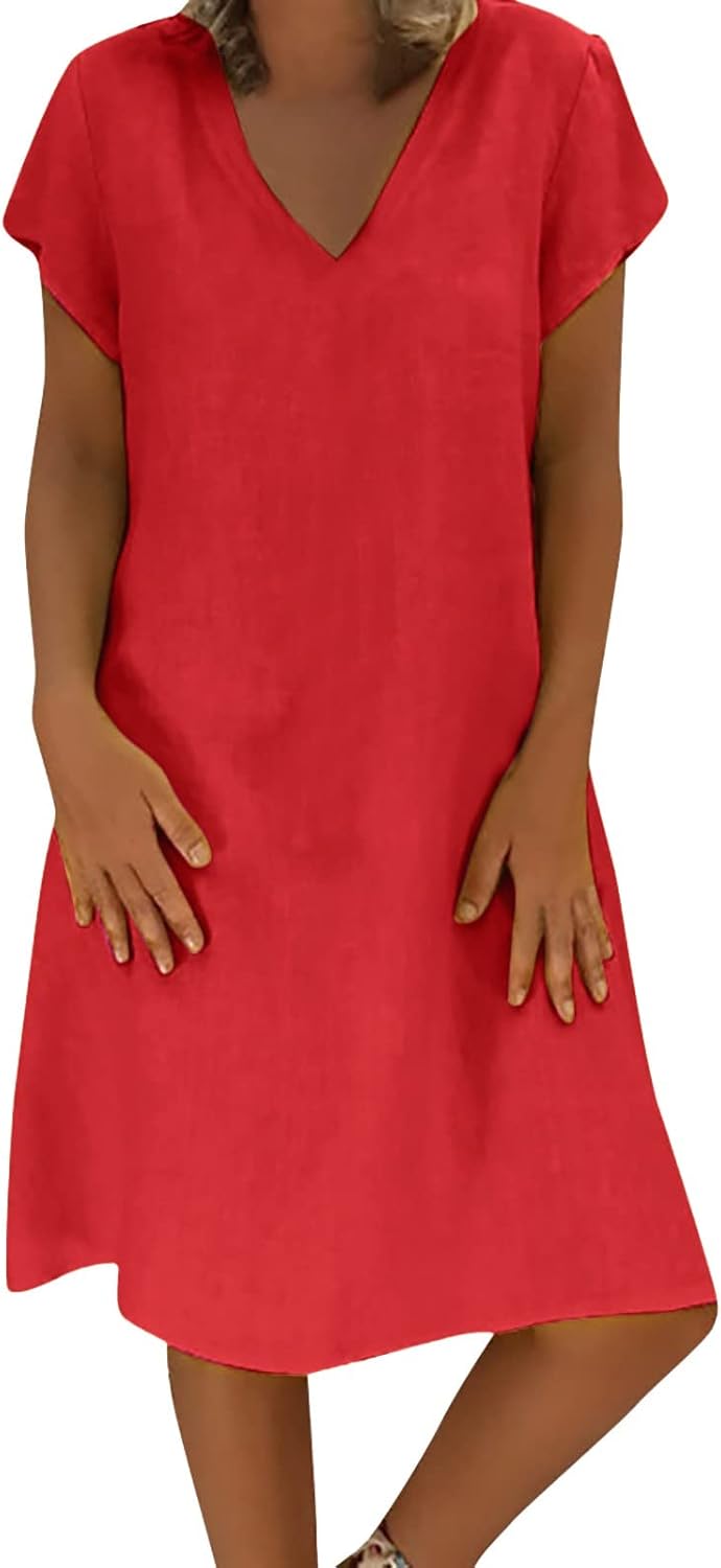 Summer Dresses for Women 2024 Y2k Linen Dress Elegant V Neck Short Sleeve Mini Dress Plus Size Loose Comfy Beach Dress