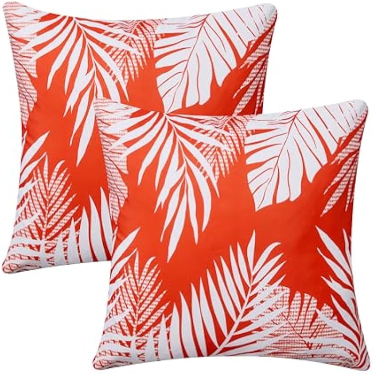 Outdoor Pillow Covers 18x18 Set of 2 Tropics Palm Leaves Brick Red Floral Pattern Decoration Throw Pillow Covers for Outdoor Waterproof Furniture Garden Patio Sofa Bedroom Home Decor JB008-C18