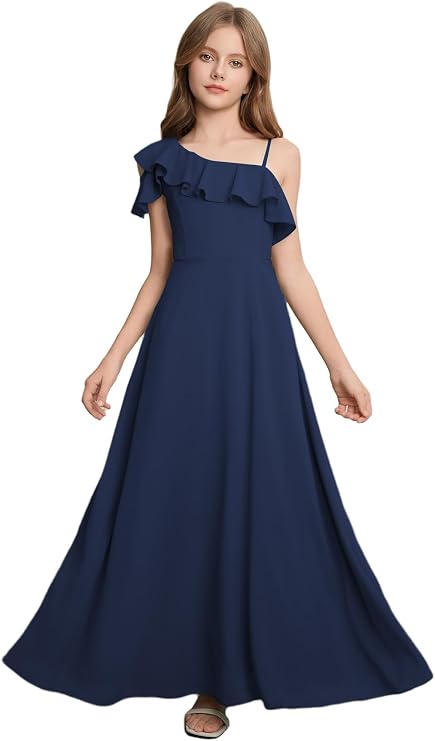 Junior Bridesmaid Dresses for Wedding, Chiffon One-Shoulder Ruffle Floor Length Long Formal Party Gown for Girls