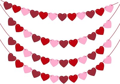 4 Pack Valentines Day Felt Heart Garland Banner Pre-Assembled - 48 PCS NO DIY Valentines Day Decorations Banner Anniversary Engagement Wedding Party Decorations Ornaments