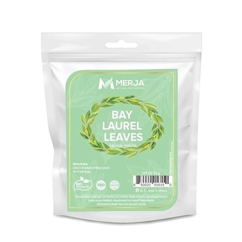 Merja Herbs Mediterranean Bay Leaves - Bay Laurel Seasoning - 100% Natural & Dried - Seasonings for Meat, Soups & Seafood - Whole Leaf 30gr 1.06Oz