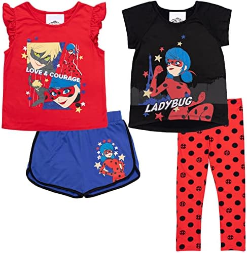 Miraculous Ladybug Cat Noir 4 Piece Outfit Set: T-Shirt Tank Top Legging Shorts