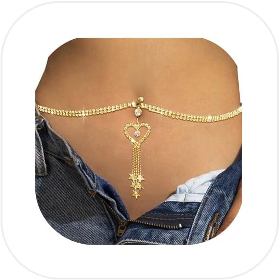 Rhinestone Heart Dangle Belly Button Ring with Waist Chain Crystal Piercing Navel Belly Chain Sexy Bikini Body Chain Jewelry Accessories for Women