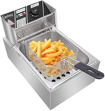 Electric Deep Fryer with Basket & Lid, 6.3QT/6L Heavy Duty Stainless Steel Single Tank Kitchen Frying Machine, 2500W French Fryer for French Fries Fried Chicken US Plug