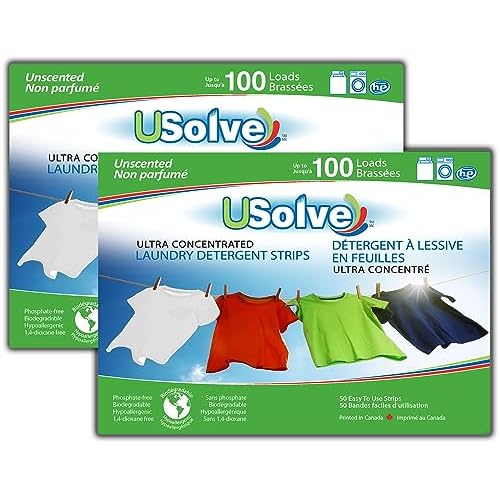 Canada Green Usolve Eco-Friendly Laundry Detergent Strips, 200 Count, Unscented, Concentrated, Plastic Free, Hypoallergenic, Ideal for All Washing Machines, Great for Travel