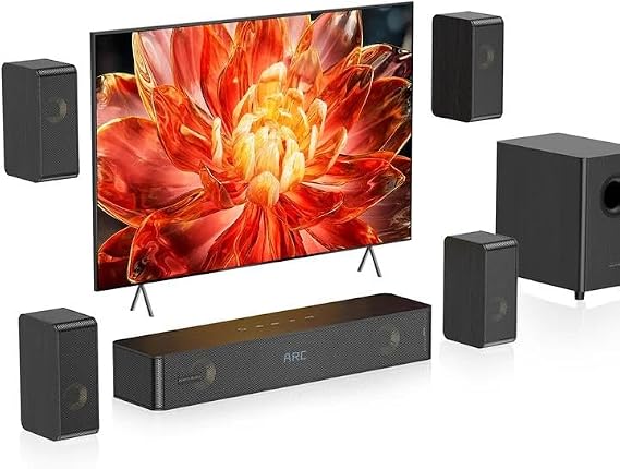Wooden 5.1.2 Virtual Surround Sound System, 4 Surround Speakers Wired, 400W Peak Power, Sound Bars for Smart TV w/Subwoofer, 5.25'' Deep Bass, Home Theater TV System, ARC/Opt/BT/AUX