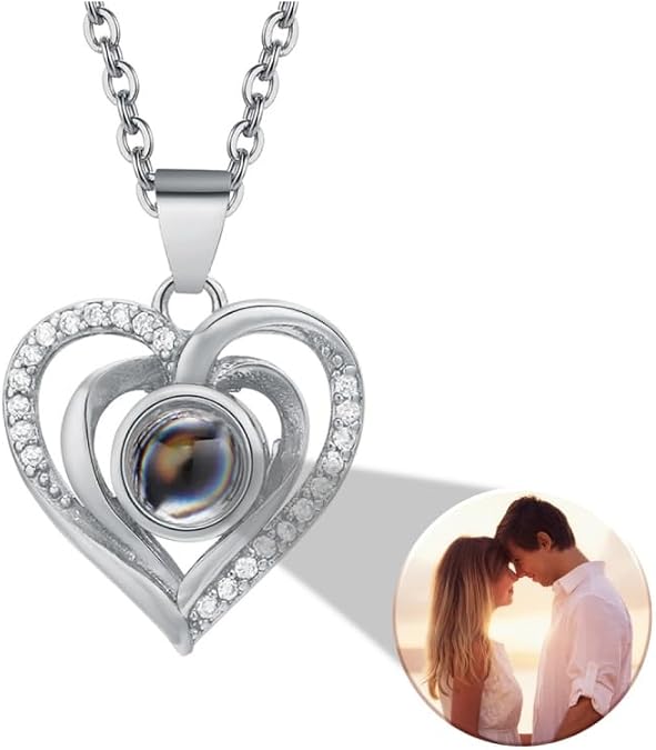 Personalized Photo Projection Necklace for Women - Cubic Zirconia Custom Picture Love Heart Pendant Customized Portrait Jewelry Mother's Day Birthday Anniversary Memorial Gifts for Girlfriend Wife Mom