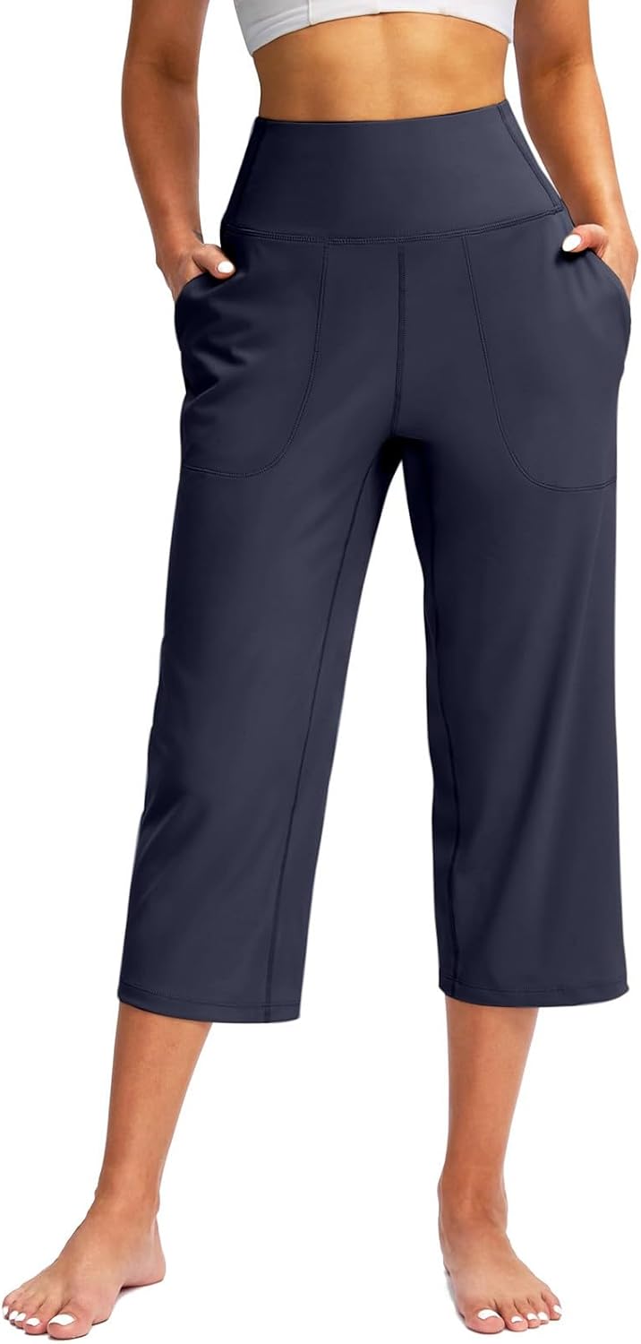 Generic Capri Pants for Women Summer Wide Leg Capri Pants with Pockets Tummy Control Yoga Capris Plus Size Cropped Pants