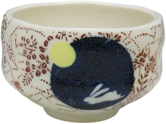 Japanese Mino Ware Pottery Small Matcha bowl 3.74 Inches Diameter Japanese Tea Cup for Tea Ceremony, Desserts, Mini Appetizers, Moon and Rabbit Pattern from Japan A3018