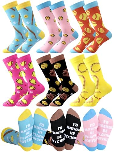 Hercicy 6 Pairs Funny Softball Socks Women Novelty Softball Gift Athletic Cotton Fun Crew Socks Bulk for Women Girls Team Players Lovers Accessories
