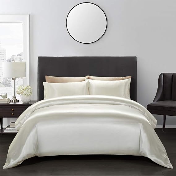 AiMay 3 Piece Satin Duvet Cover Set Bedding Sets Queen Off White 1800 Series Luxury Rich Silk Silky Super Soft Solid Color Reversible Honeymoon Wrinkle Free (Queen, Off White)