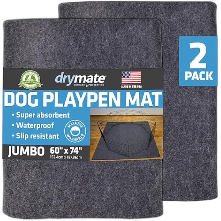 Drymate 2-Pack Jumbo Dog Playpen Mat 60x74, Absorbent, Waterproof, Slip-Resistant, Machine Washable, Reusable Puppy Pad for Training, Whelping, Housebreaking, Incontinence, Crate, Kennel USA Made