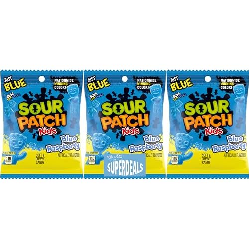 Sour Patch Kids Pack of 3 Soft and Chewy Candy bundled by SUPERDEALS with Mystery Gift 8 oz, Blue Raspberry