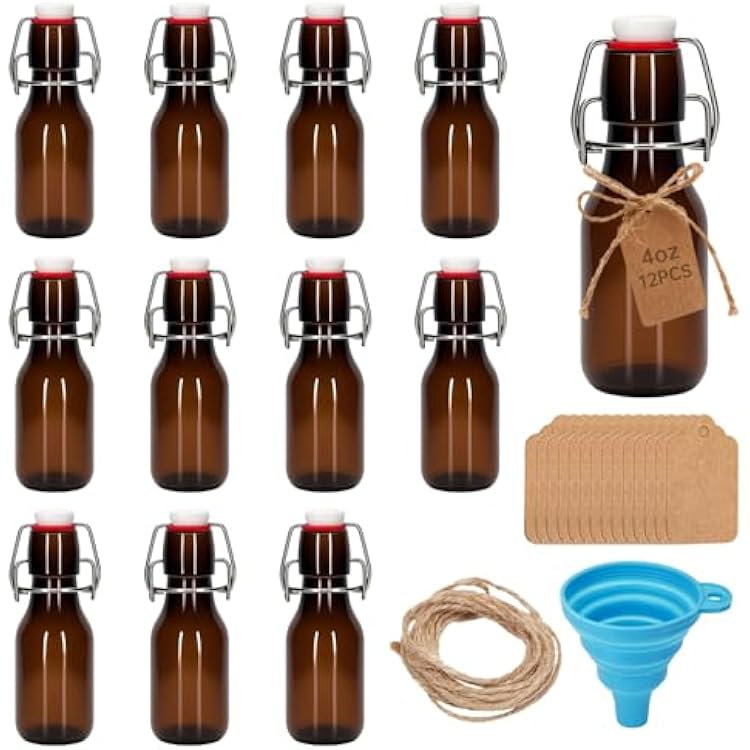 12Pcs 4 oz Amber round Mini Swing Top Glass Bottles with Stoppers Small Flip Top Bottles with Airtight Lids for Crafts Decoration Wedding Themed Party Favors 12