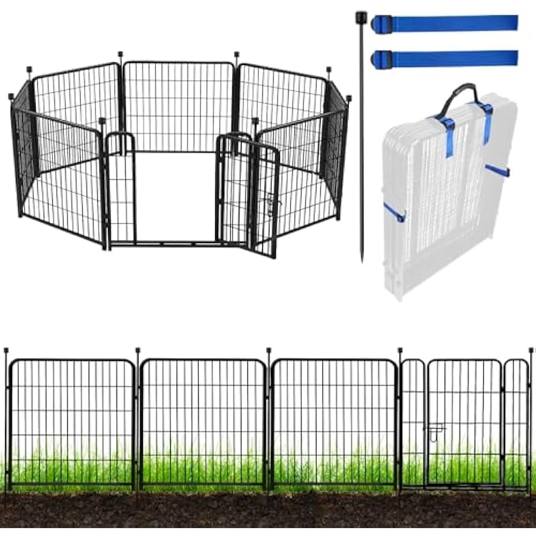 ADAVIN Metal Garden Fence with Gate, 36 inH 8 Panels Heavy Duty Iron Animal Barrier Fence, Indoor or Outdoor Dog Playpen, Camping Fence, No Dig Garden Border Fencing for Yard. Total 17.7 FTL
