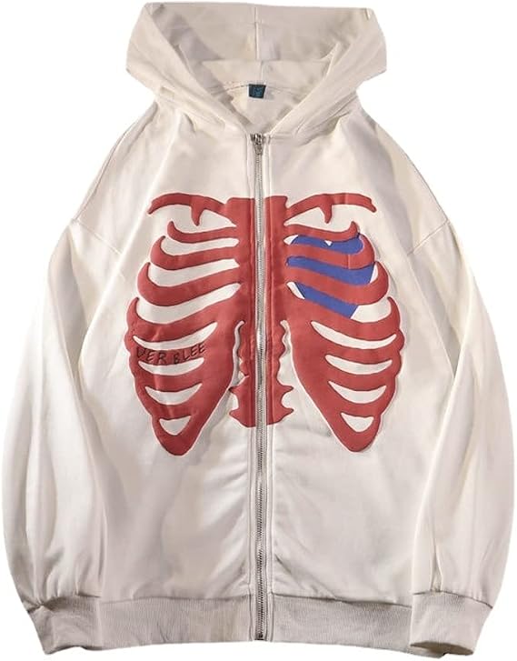 Unisex Skeleton Zip Up Hoodie Vintage Jacket Graphics E-Girl 90s Sweatshirt for Men and Women for Teen Girls Boys