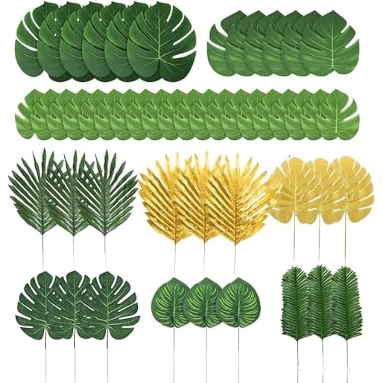 78 Pieces 9 Kinds Artificial Tropical Leaf Jungle Leaves Golden Plant Safari Leaves Decorations for Hawaiian Party Decorations Beach Birthday Luau Party Decorations