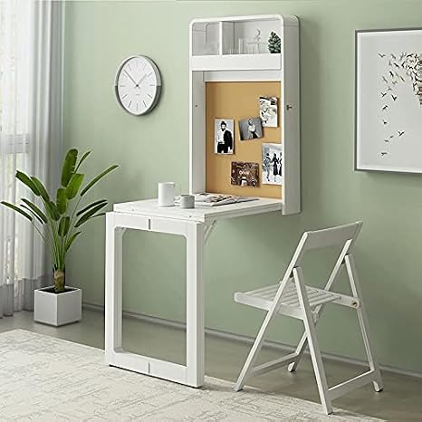 Folding Wall Mounted Desk and Dining Table | Foldaway Table for Kitchen and Living Room | Heavy Duty Wall Mount Table (White_Fold up Table + 2PCS. Folding Chairs)