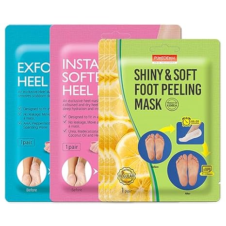 Purederm 2-Step Foot Care Set (2 Pack) & Shiny Foot Peeling Mask (3 Pairs)
