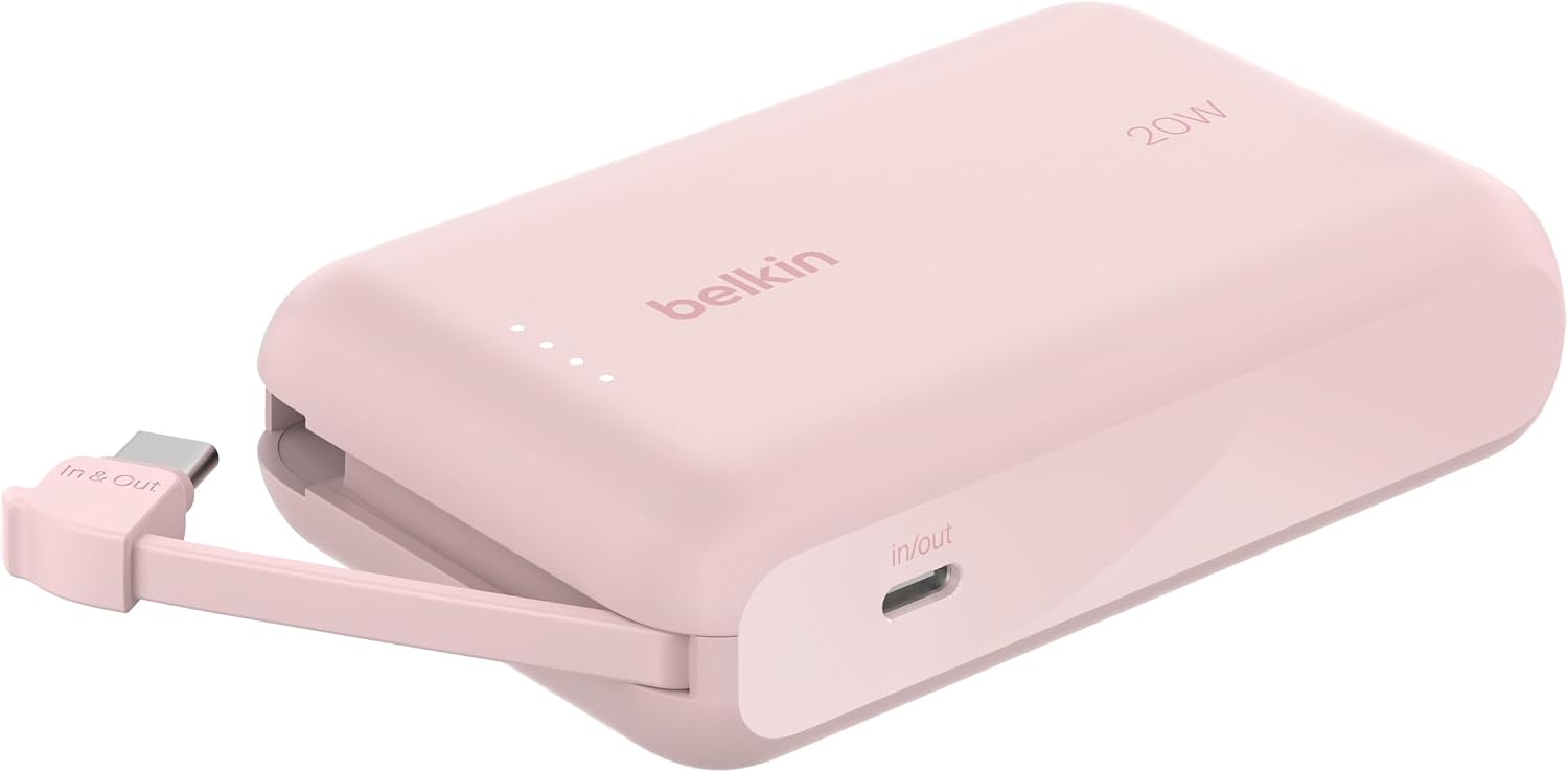 Belkin BoostCharge Power Bank, Entegre Kablolu Taşınabilir Şarj Cihazı 10K PD 20W - USB-C Güç Dağıtımı, iPhone Power Bank iPhone 17 Serisi, iPad Pro, Galaxy S25 ve Daha Fazlası için Hızlı Şarj