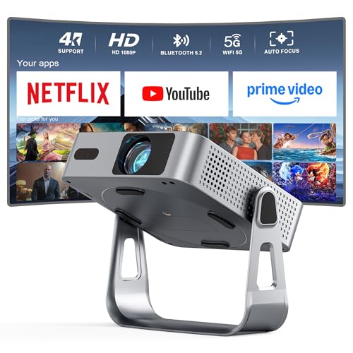 Officially-Licensed APP & 1800ANSISmart Mini Projector with WiFi and Bluetooth, VISSPL Native 1080P Auto Focus & Keystone Portable Outdoor Projector, 4K Support Home Movie Projector Sliver