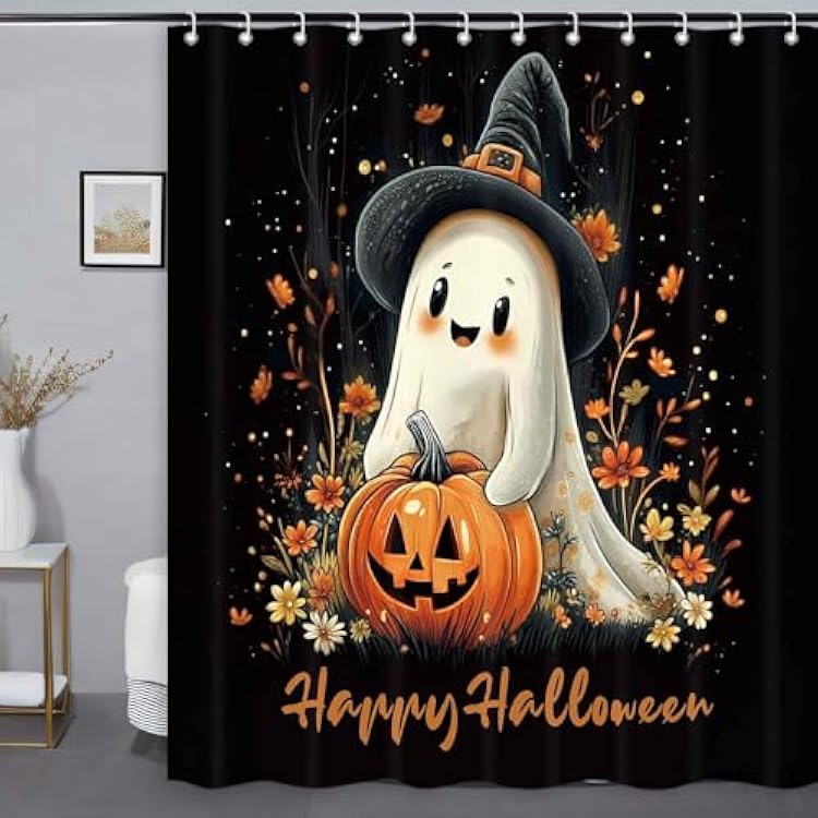 Halloween Shower Curtains for Bathroom, Cute Ghost Pumpkin Bath Curtain Set, Fall Autumn Floral Shower Curtain Waterproof Polyester Black Fabric 72x72 Inch