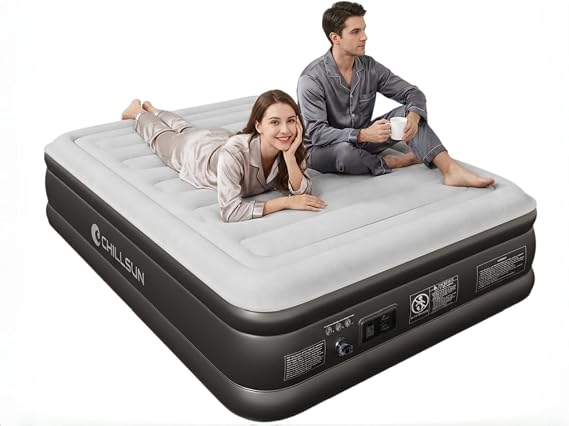 CHILLSUN Queen Size Airbed, 203cm L x 152cm W x 46cm H Inflatable Mattress, Air Bed with Built in Pump, Upgraded Blow Up Mattress in 3 Mins Fast Inflation for Camping and Home Use