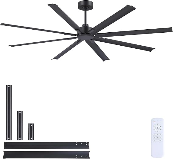 84 Inch Ceiling Fans No Light, Large Industrial Ceiling Fan with 8 Aluminium Blades, Quiet DC Motor, 6 Speeds, HVLS Modern Ceiling Fan without Light for Garage/shop/living room,Black