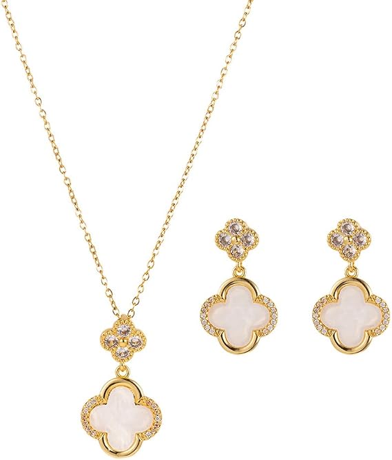 Four-Leaf Clover Jewellery Set for Women Girls 18K Rose Gold Plated Good Luck Pendant Necklace Stud Earrings Jewellery Set Cubic Zirconia Clover Jewelry Gifts