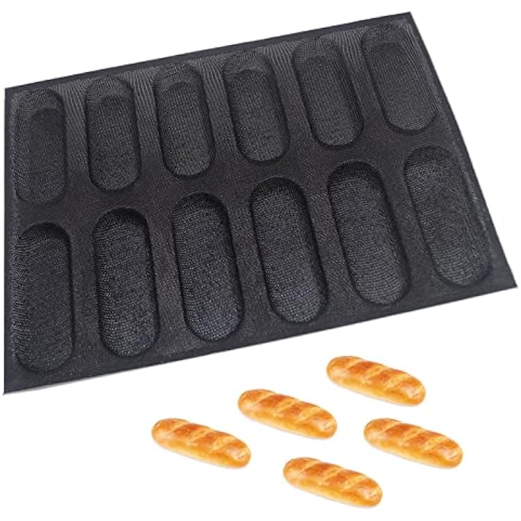 Dioycli Silicone Bread Loaf Pan for Baking, Mini Baguette Bread Pan Perforated Hot Dog Bun Pan 12 Loaf Non Stick Baking Liners Mat