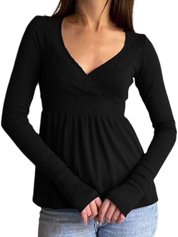 Women Y2K Long Sleeve Babydoll Top Coquette Lace Trim V Neck Crop Top Fall Spring Pullover 90s Cottage Blouse Shirt