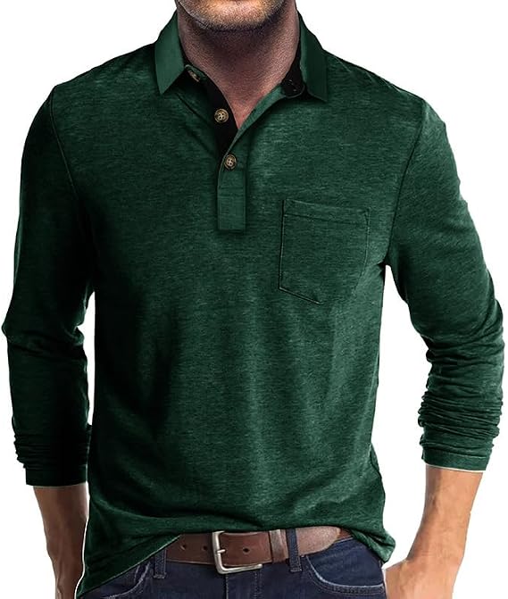 Qekoma Mens Long Sleeve Polo Shirts Casual Button Tee