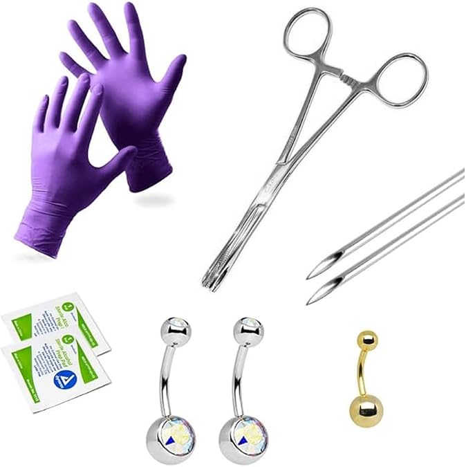 Luxe Modz 10PCS Belly Button Piercing Kit, Navel Piercing Kit, Belly Piercing Kit, Body Piercing Kits With 14G Belly Button Ring, Body Piercing Needles, gloves, alcoholpad, Forceps Clamp Tool