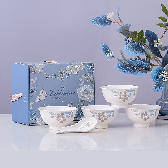 Set of 4 Blue Floral Fine Bone China Bowls & Spoons Gift Set