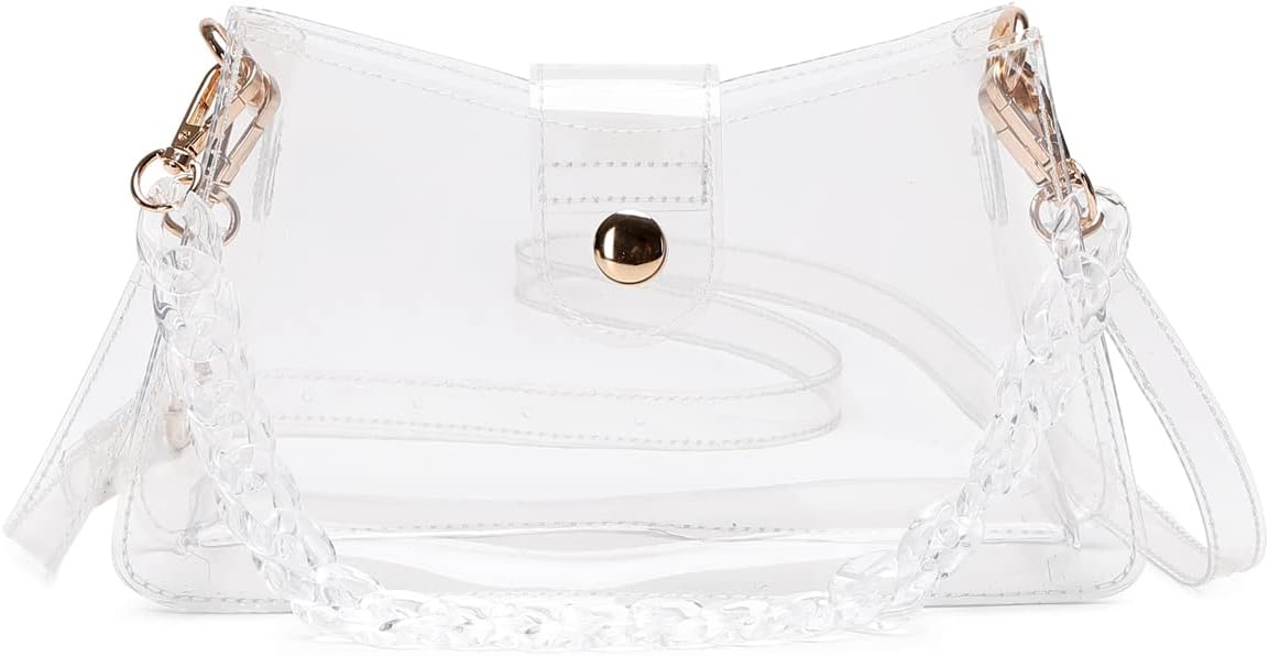 Womens PVC Clear Purse See Through Designs Chain Handbag for Working Sports Stadium Approved Clear Bag- Resin Chain