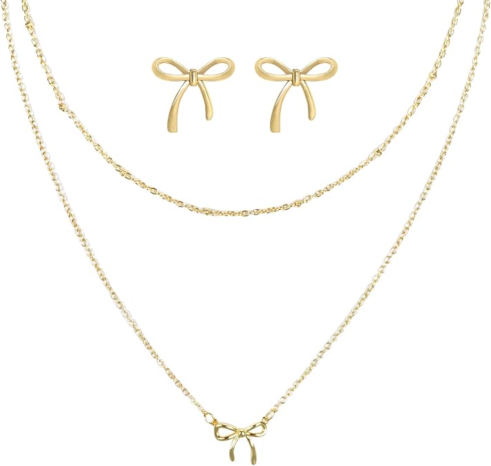 Gold Bow Necklace for Women with Bow Earrings Dainty Cute 14K Plated Bowknot Necklaces Jewelry Set Small Bows Pendant Charm for Gift