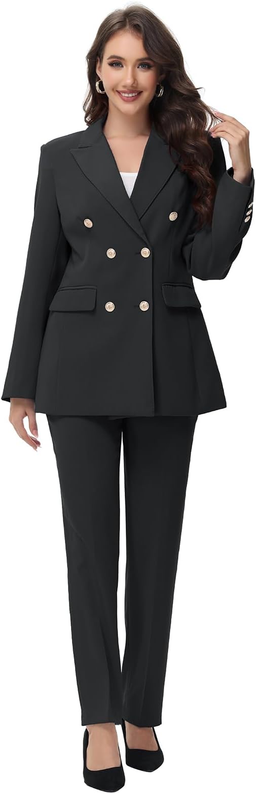 Lamgool Women Pants Suit 2 Pcs Double Breasted Blazer Set | Business Casual Outfits, Straight Pants, Shiny Gold Buttons