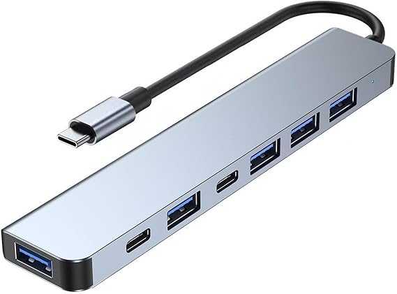 USB C Hub Splitter with Power Port, 7 in 1 Aluminum USB Port Extender Multiport USB C Adapter for MacBook, XPS, Surface and More Type C Laptops
