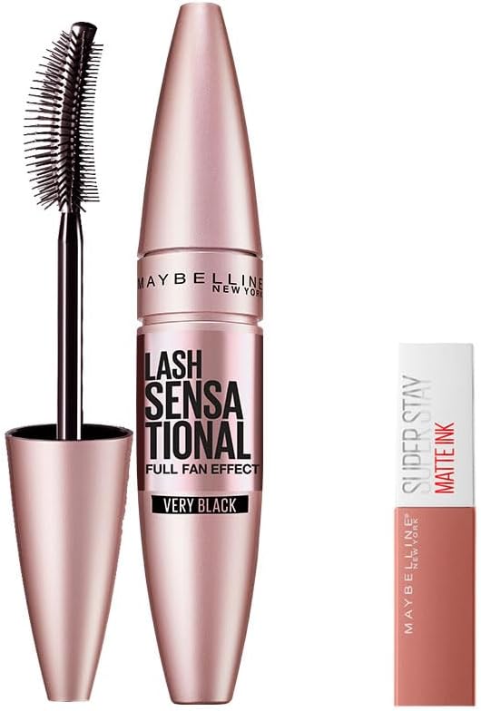 Maybelline New York Lash Sensational Yelpaze Etkili Siyah Maskara 9.5 ml & Mini Super Stay Matte Ink Likit Mat Ruj 65 Seductress Makyaj Seti