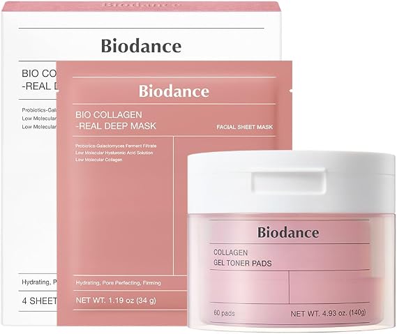 BIODANCE Collagen Day & Night Gel Duo: Bio-Collagen Mask & Toner Pads Set, Korean Skincare Set, Pink Duo for Firming, Plumping, Hydrating, Glass Skin, Korean Skin Care