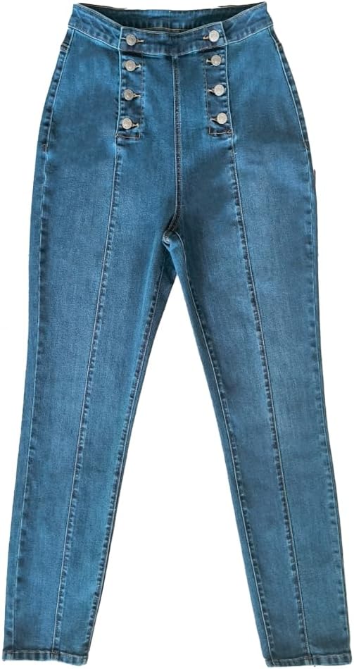 High Waist Jeans, Double-Button Front, Medium Wash Denim, Straight Leg