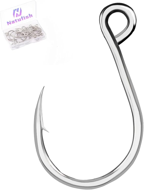 Natufish Inline Single Hooks 25Pcs for Treble Hook Replacement | Fishing Inline Hooks High Carbon Steel Large Eye Sharp Point Corrosion Resistant 8#-5/0# for Hard Lures Saltwater Freshwater