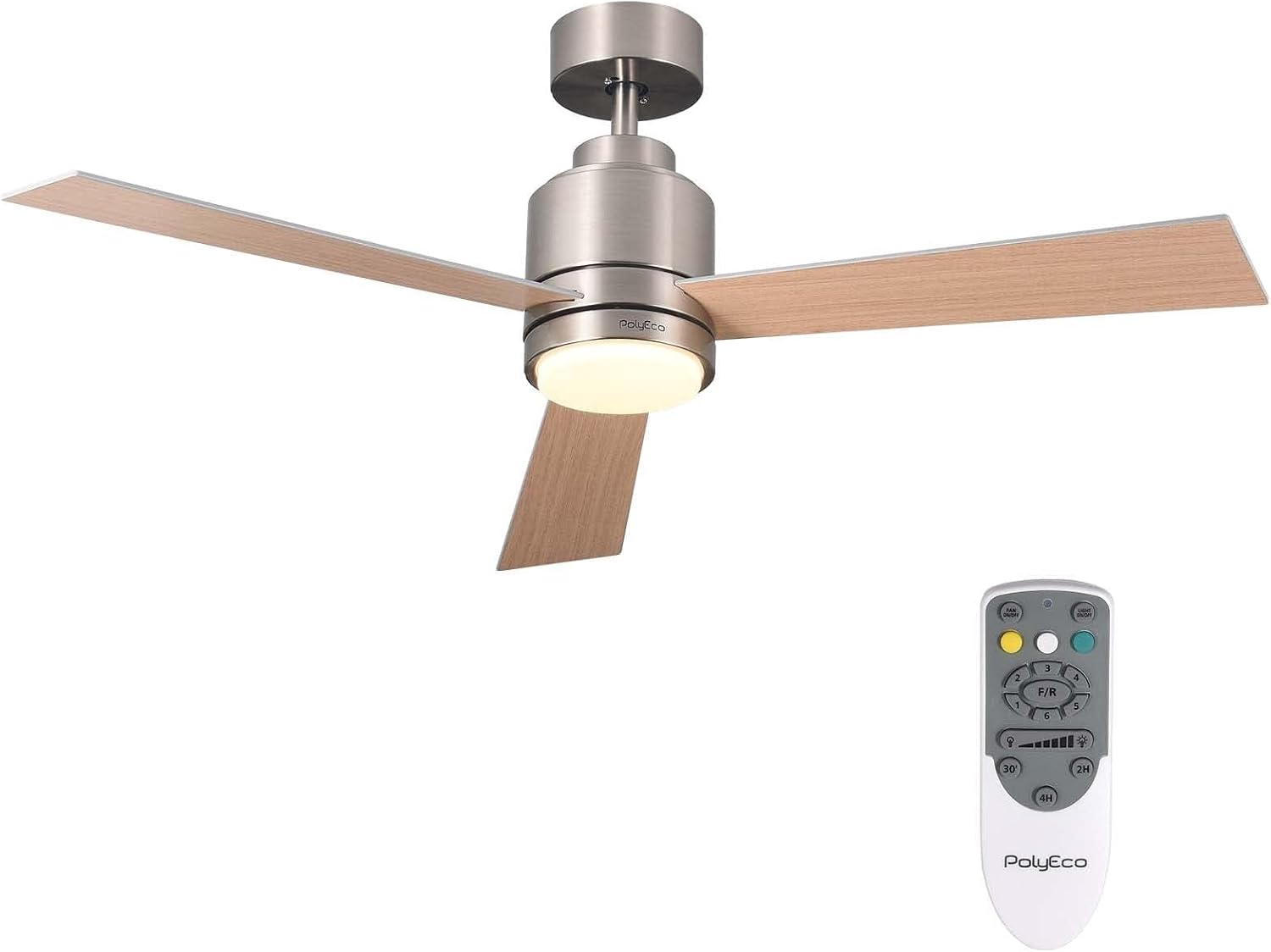POLYECO Ceiling Fans with Lights and Remote Control, 2-Side Option Blades, Flush Mount Ceiling Fan with 6-Speed Reversible DC Motor for Living Room Dining Room BedroomNickel Plated